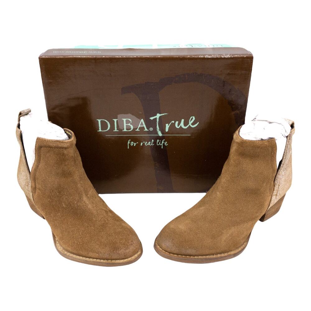 Diba True  Stop By Almond Toe Pull On Brown Metallic Gold Leather Ankle Boots 6 - Picture 2 of 6